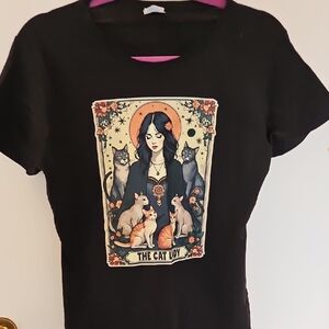 Black Graphic Tee with Cat Lady Design